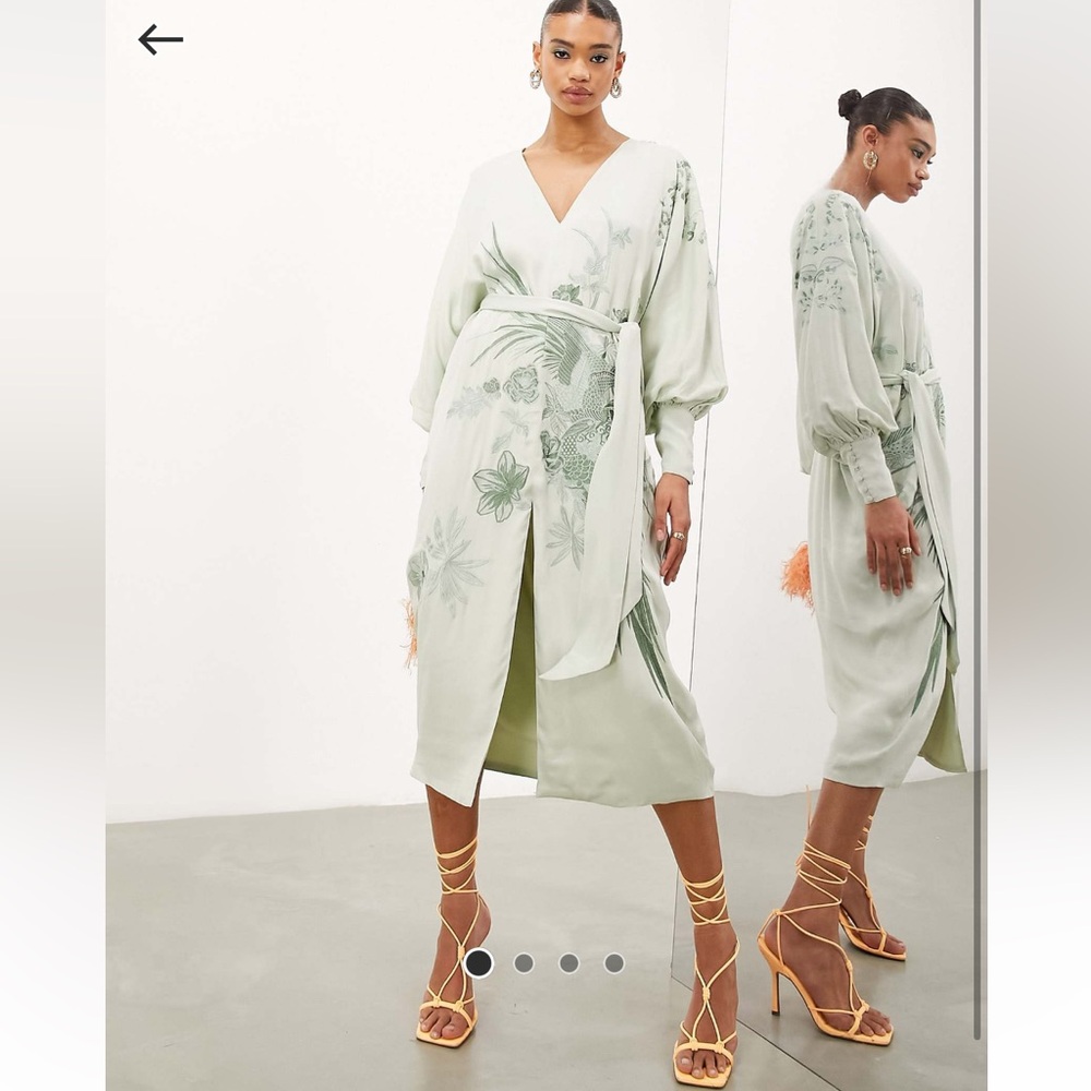 Sage Green embroidered satin V neck midi dress
